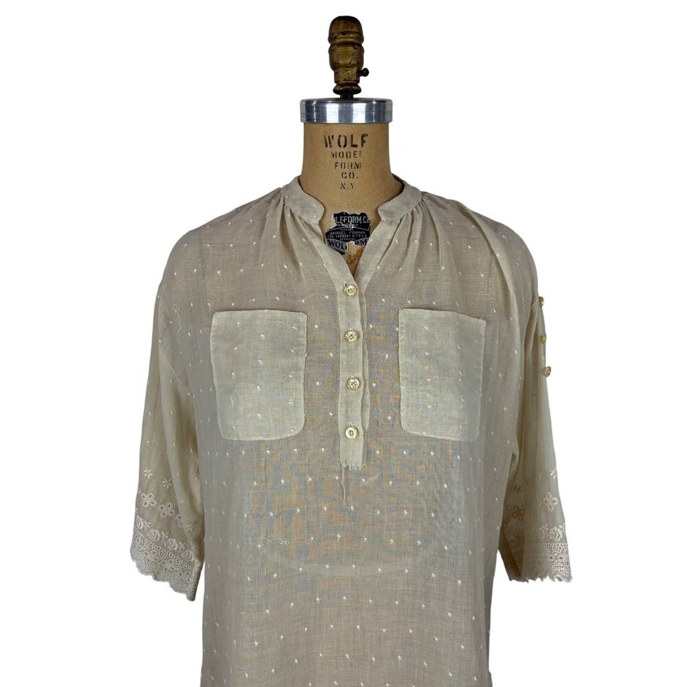 Vintage 70s Sheer Shirt Womens Large Beige Dotted Embroidered Mandarin Tunic - Picture 3 of 11